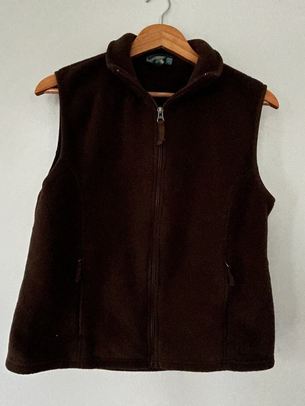 LL Bean Fleece Sweater Vest Womens Large Brown Full Zip Mock Neck Pockets EUC